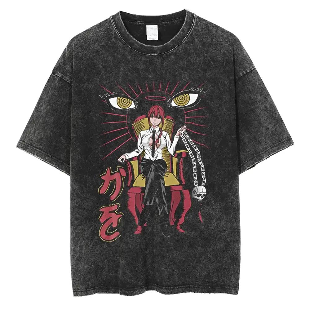 Kettensägenmann Power Anime Bedrucktes T-Shirt für Herren und Damen Gewaschenes T-Shirt Hohe Qualität Vintage Baumwoll-T-Shirt YK Tops