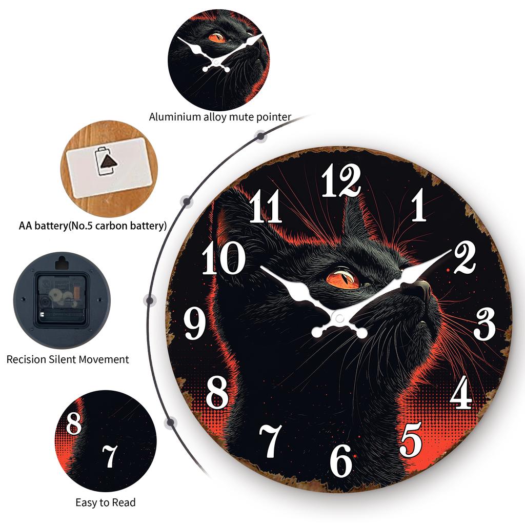 Black Cat with Fiery Eyes Wall Clock - Mysterious Felis Catus Design Round Timepiece, Dark Themed Home Decor, Silent Quartz Cloc