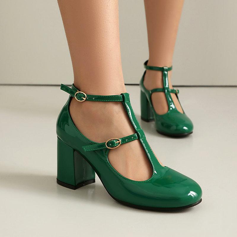 New Mary Jane Shoes High Quality Leather Shoes Shallow Round Toe Womens Chunky Heels Buckle Strap Women's Pumps Plus Size 43