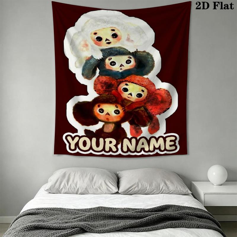 Custom Name Cheburashkas Wall Tapestry Aesthetic Wall Hanging Printed Fabric Blanket Decorative Tapestries for Bedroom Living Room Home Decor
