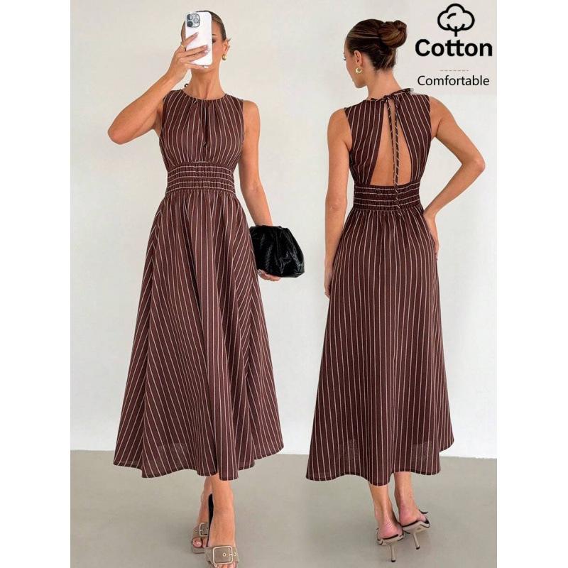 European summer new retro temperament brown striped pleated backless round neck sleeveless clothes XS коричневый