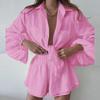 Summer 2023 Women's Casual Fashion Solid Color Ruffled Long Sleeve Shorts Set