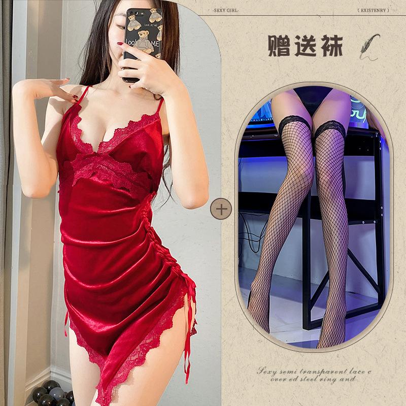 Night listening incense new sexy underwear velvet cross lace-up nightdress backless slit temptation pajamas passion loungewear