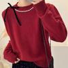 Autumn and winter new bow bead knitted sweater women's versatile solid color pullover soft waxy sweater top women