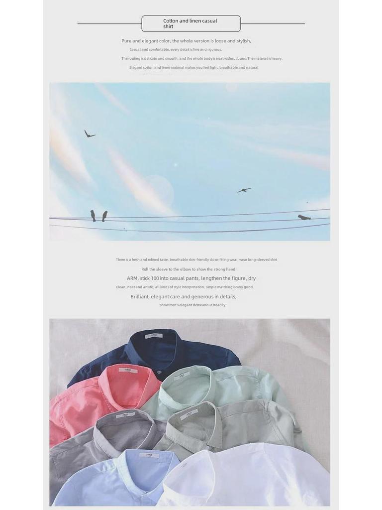 Men's White Long-Sleeve Linen Shirt - Casual Spring/Summer Lapel Style