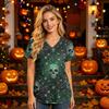 Women's V-Neck Short Sleeve Scrub Top with Pockets Halloween Print for Nurses and Caregivers