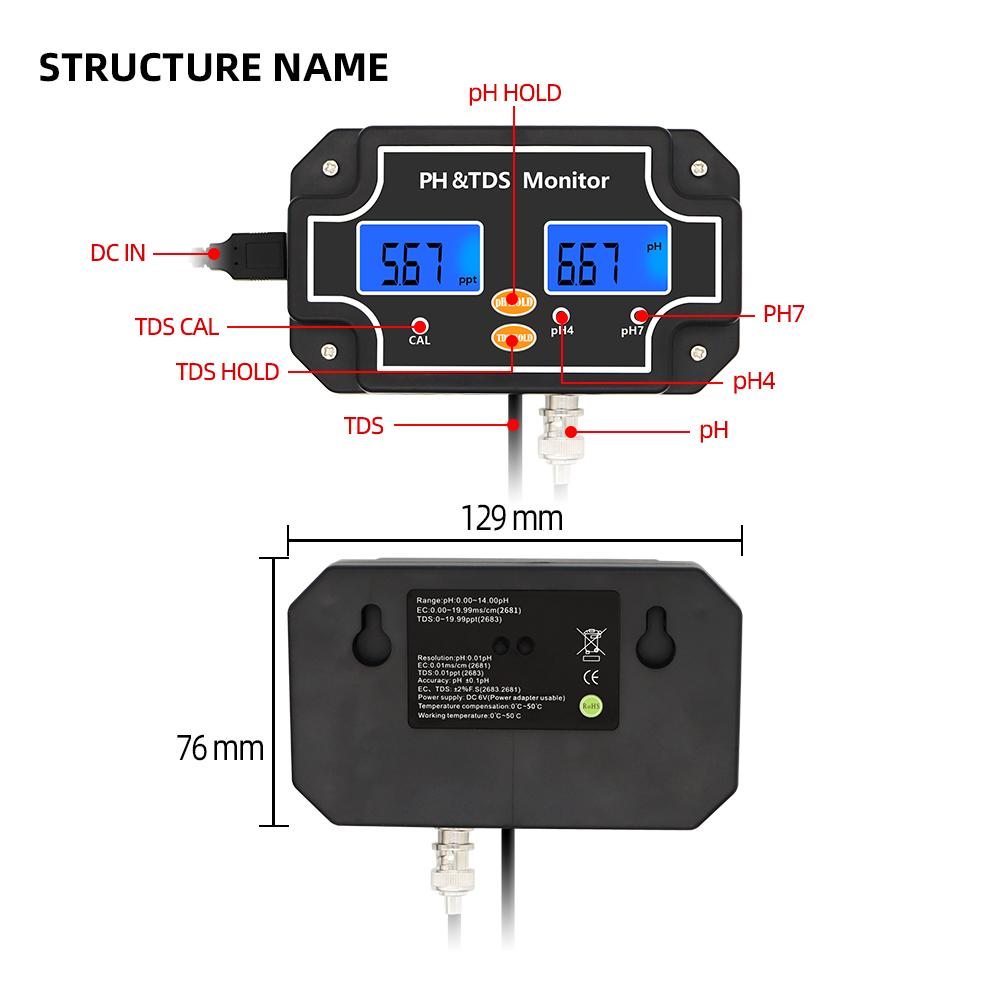 LCD Digital Water Quality Monitor 2 in 1 PH&TDS Tester 0-14pH Meter TDS Detector Waterproof Water Analyzer for Fish Tank Pool