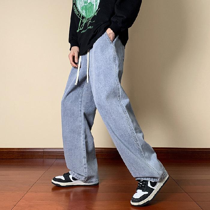 Four Seasons Streetwear Loose Jeans Men Korean Style Fashion Loose Straight Wide Leg Pants Men's Brand Clothing Black Light Blue