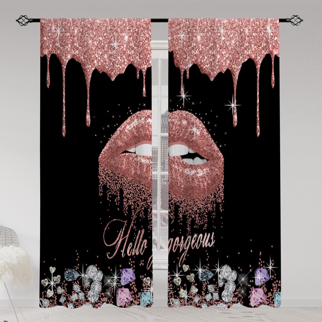 2pcs Lips Printed Translucent Curtains Multi-scene Polyester Rod Pocket Decor Curtains For Living Room Playroom Bedroom Home