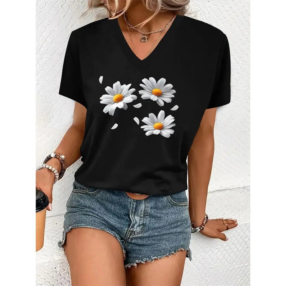 New Women T-shirt Simple Graphic Print Oversized Women's Trending Clothing Fashion Short Sleeve Shirt Women V-Neck Blouse 2025