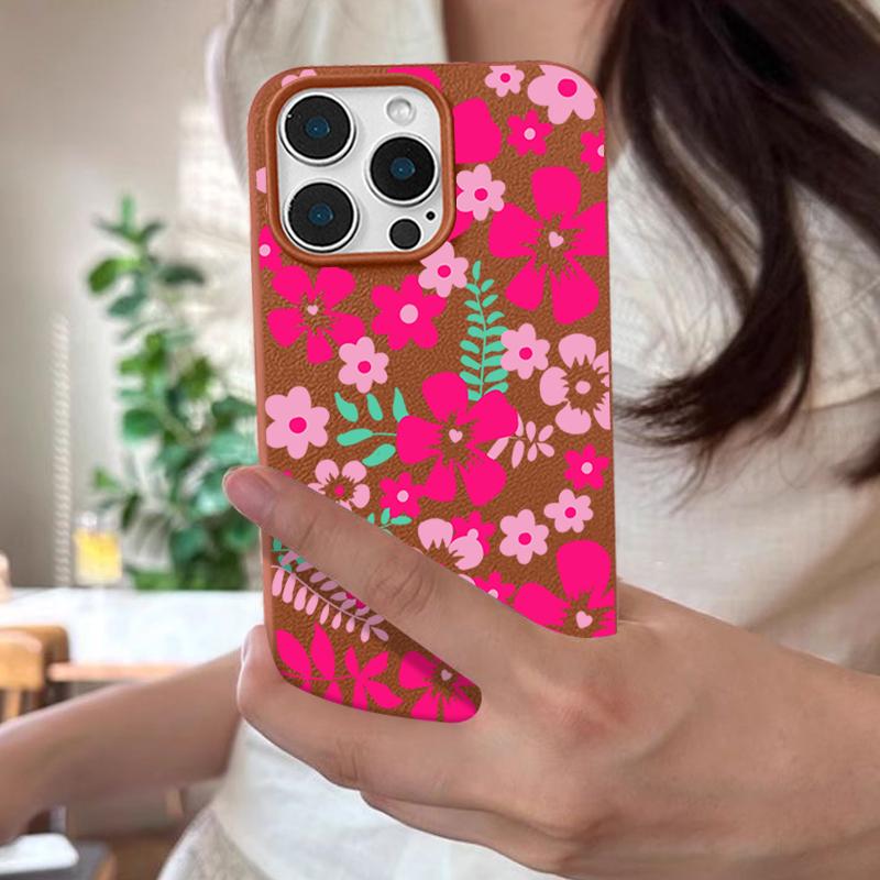 Vibrant Magenta Floral Design Flexible & Durable Shockproof Soft TPU Leather Texture Cover Case for iPhone 17 Pro Max Air 16e 16 15 14 13