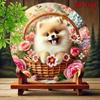2D Flat Dog Ornament With Flowers In Basket, Iron Art Decor For Home And Garden, Yard Business Sign