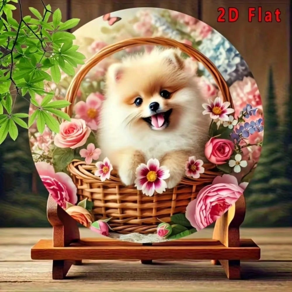 2D Flat Dog Ornament With Flowers In Basket, Iron Art Decor For Home And Garden, Yard Business Sign