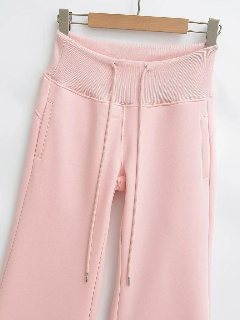 Women's Cotton Flannel Flare Sweatpants - Thickened, Floor-Length, Mid-Low Elastic Waist, Versatile for Autumn and Winter