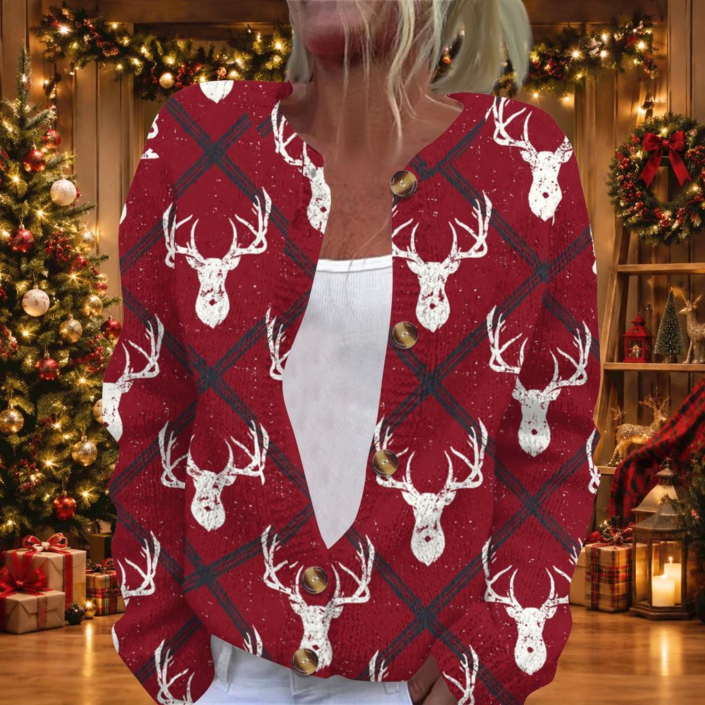Damen Weihnachtsdruck Langarm Strickjacke Knopfleiste Pullover