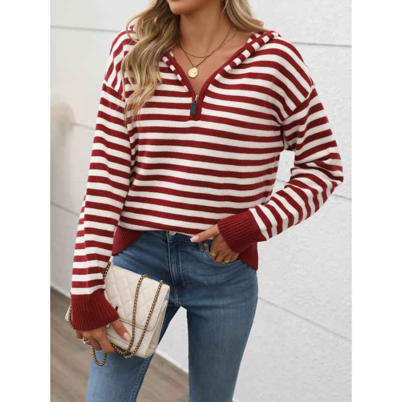 New Autumn and Winter Casual Commuting Retro Style Striped Zipper Hooded Sweater for Women