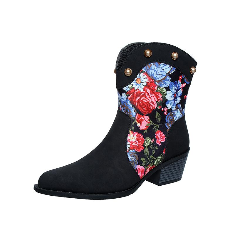 fashion Trendy Multi-Coloured Patchwork Print Women Ankle Boots Metal Rivet Decoration Pointed Toe Women's Boots Winter New Ladies Boots