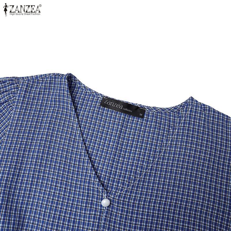 ZANZEA Women Daily Summer V-Neck Plaid Print Short Sleeve Casual Dress