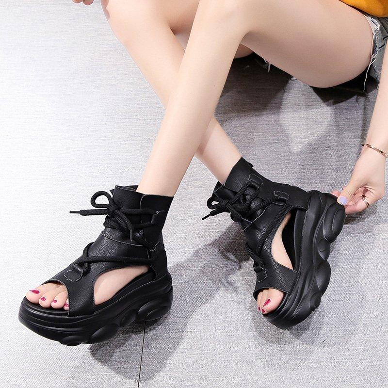 Sandały letnie damskie na wysokim obcasie, grube podeszwy, modne rzymskie buty, nowe, platformy, damskie, sandały z wysoką cholewką i zapięciem typu ryba