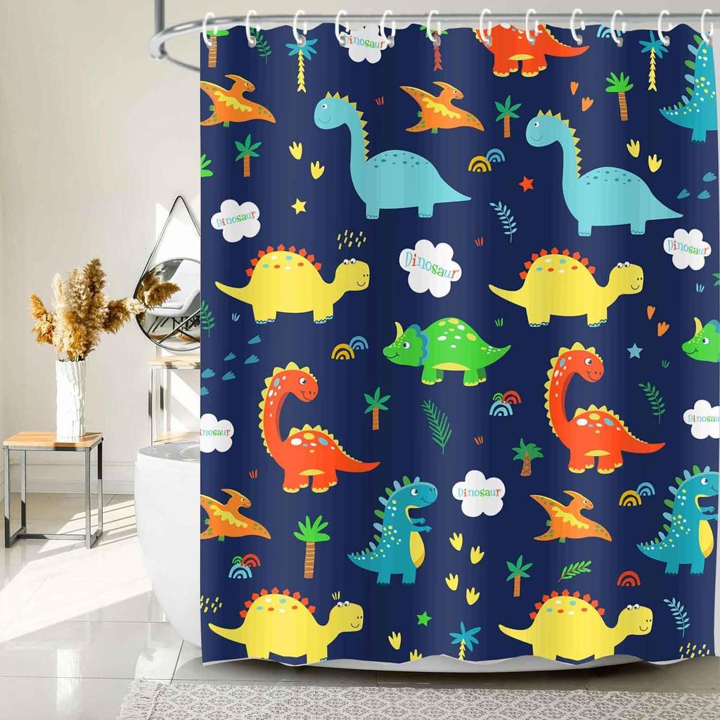 JAWO Dark Blue Cartoon Dinosaur Shower Curtain Kids, Cartoon Dinosaur Curtains Colorful Animals Plants for Boys Girls Polyester Fabric Shower Curtain