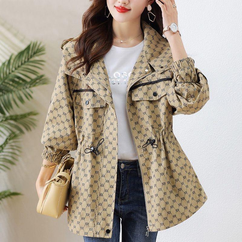 Print Drawstring Waist Hooded Trench Coats Mid Length Big Size Loose Vintage Korea Women Fashion Windbreaker