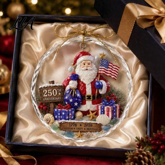 Vintage Christmas Party Supplies 250 Anniversary USA Sea Glass Ornament, 1776-2026 Patriotic Faux Crystal Holiday Season Ornament Clear Keepsake,