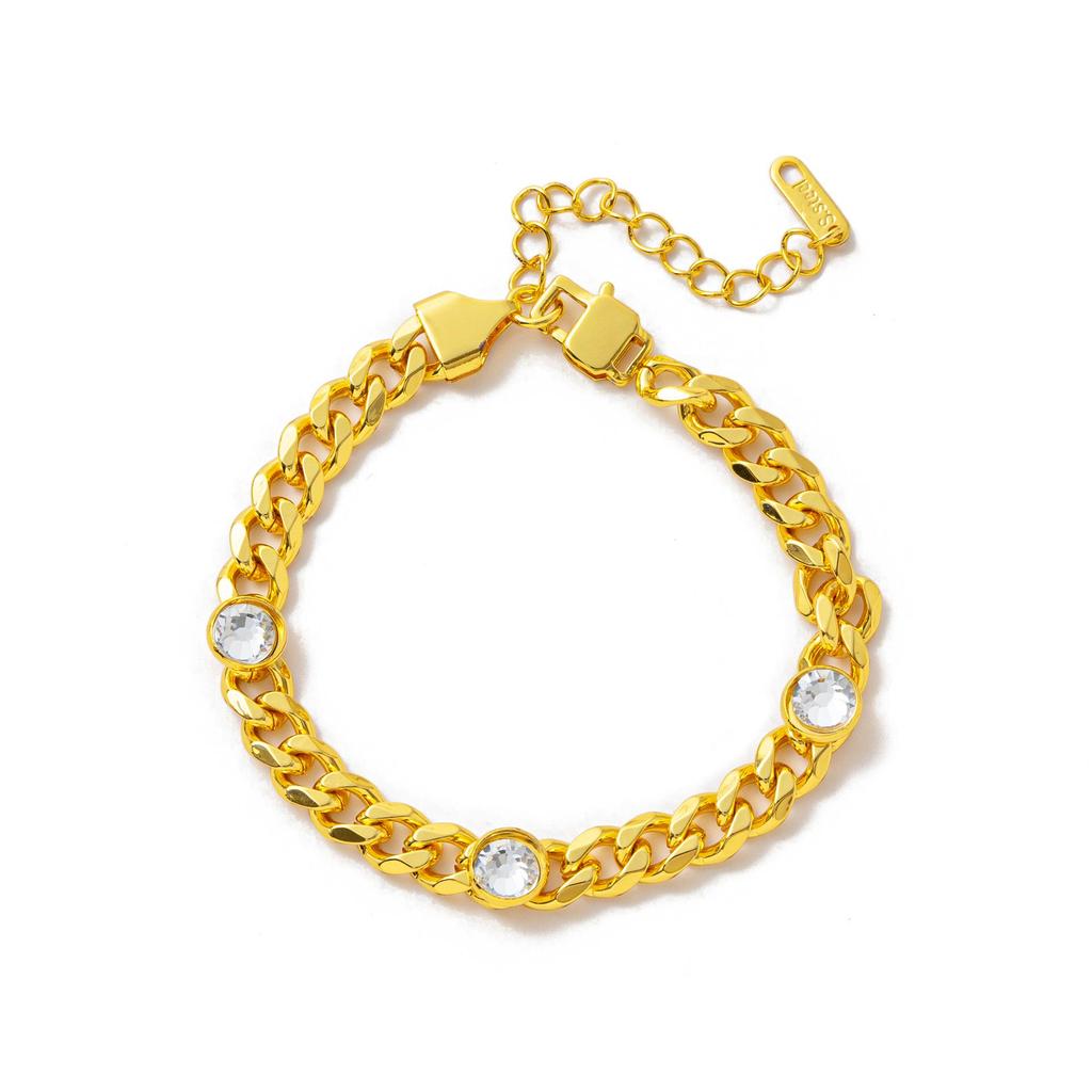 European Stainless Steel Hip Hop Bracelet & Necklace Set with Gold-Plated Zircon Inlay