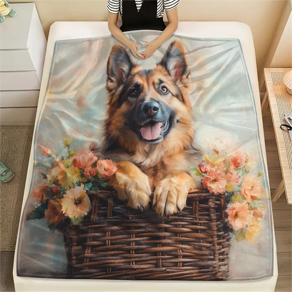 Flower Basket Dogs Print Flannel Blanket, High quality Comfortable for All Seasons, Home Decor, Warmth and Comfort 80cm x 120cm