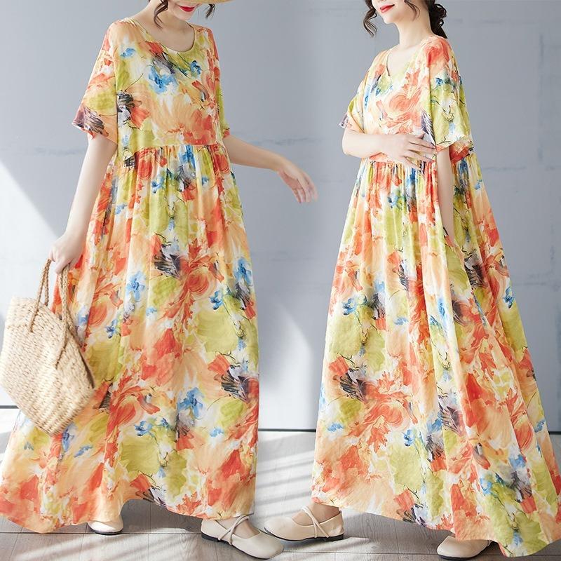Summer New Simple Bohemian Long Dress Fattened and Enlarged Short-sleeved Crew Neck Printed Dress Women's Clothing
