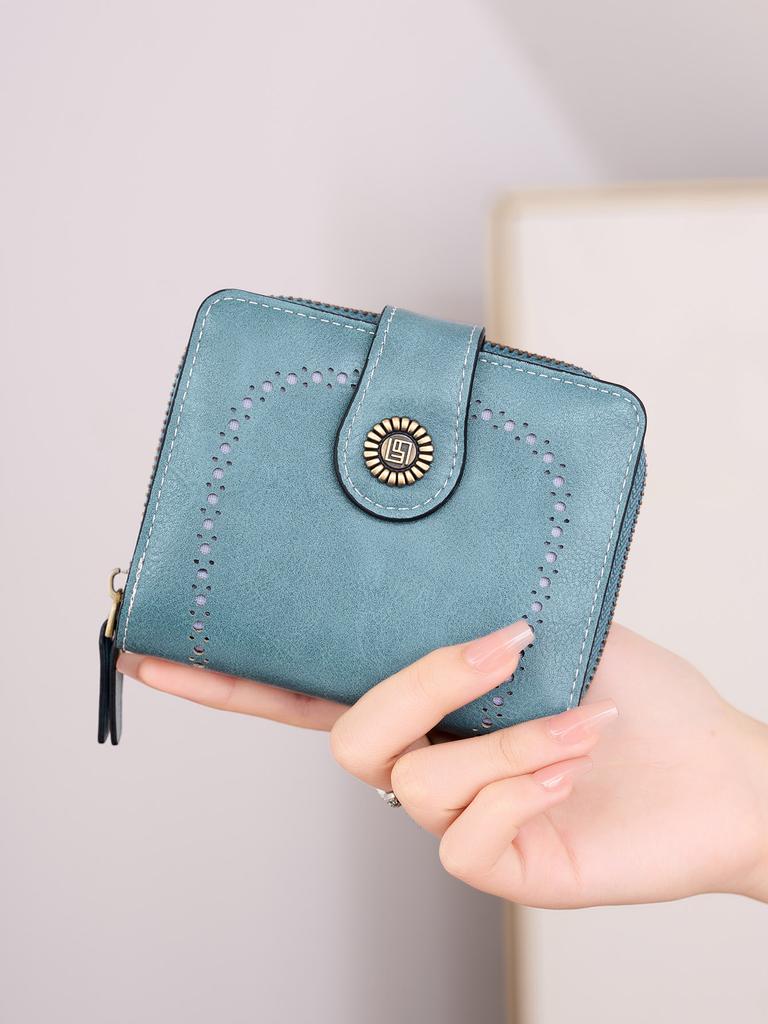 Portofel de damă retro la modă, scurt, pliabil în două, suport pentru carduri, compartiment multiplu pentru carduri, portmoneu cu fermoar pentru monede, piele PU, cataramă, mini plic, portofel mic