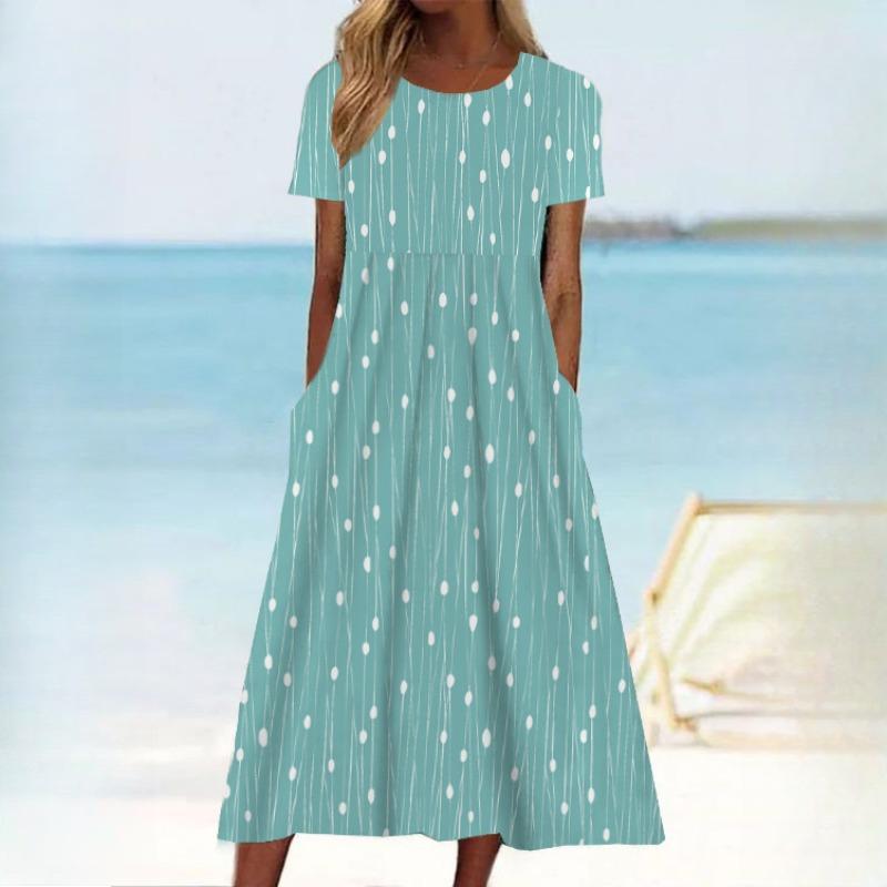QICED Summer New Midi Women's Casual Round Neck Printed Swing Women's Dresses