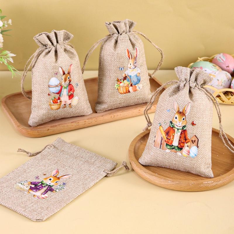 6Pcs Easter Linen Gift Bag Bunny Candy Cookie Packing Bag Spring Easter Party Favor Supplies Kids Candy Gifts Easter Decor 2026