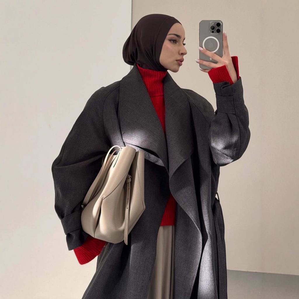 2025 Cross-border European & American Autumn New Cardigan Elegant A-Line Long Skirt Waist-Cinching Large Lapel Lazy Long Trench Coat