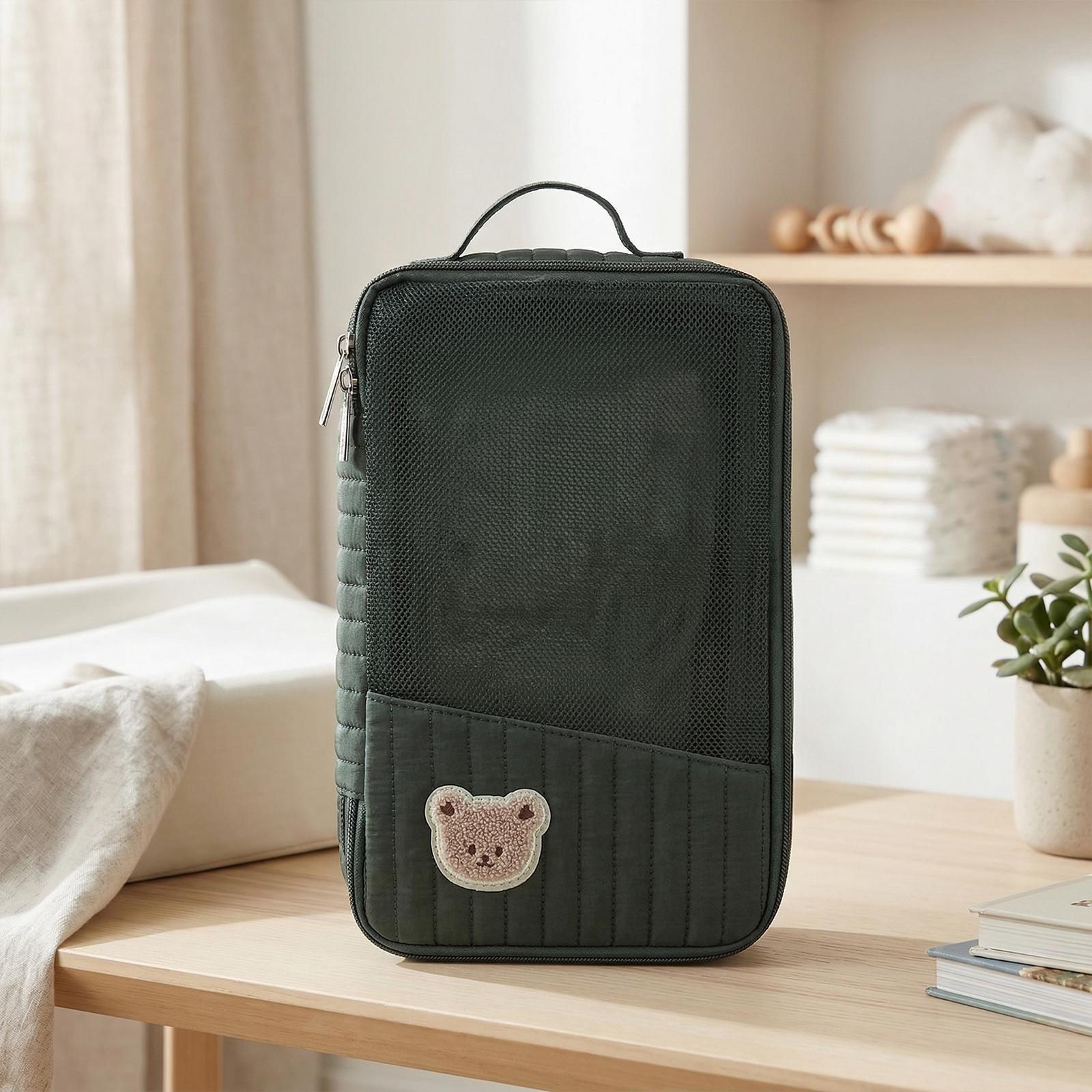 Cute Bear Embroidery Cotton Baby Diaper Storage Bag Portable  Lightweight Mini Diaper Bag Travel-friendly for Mom  Baby зелёный