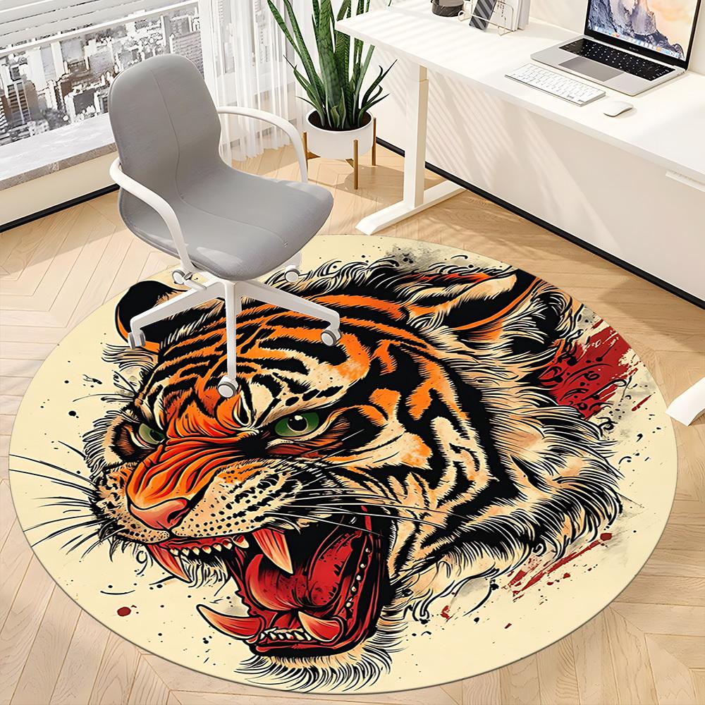 1pc Tiger Head Design Chair Carpet for Office, Round Non-Slip Durable Large Size Office Carpet, Suitable for Office, Beautiful Decoration