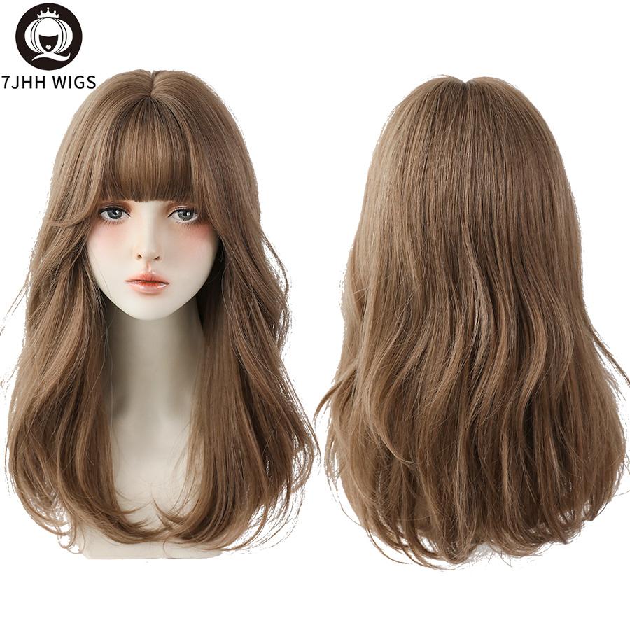 7jhh Wigs Blue Deep Wave Wig With Bangs For Women Long Omber Brown Hair Layered Heat Resistant Cosplay Party Synthetic Wig