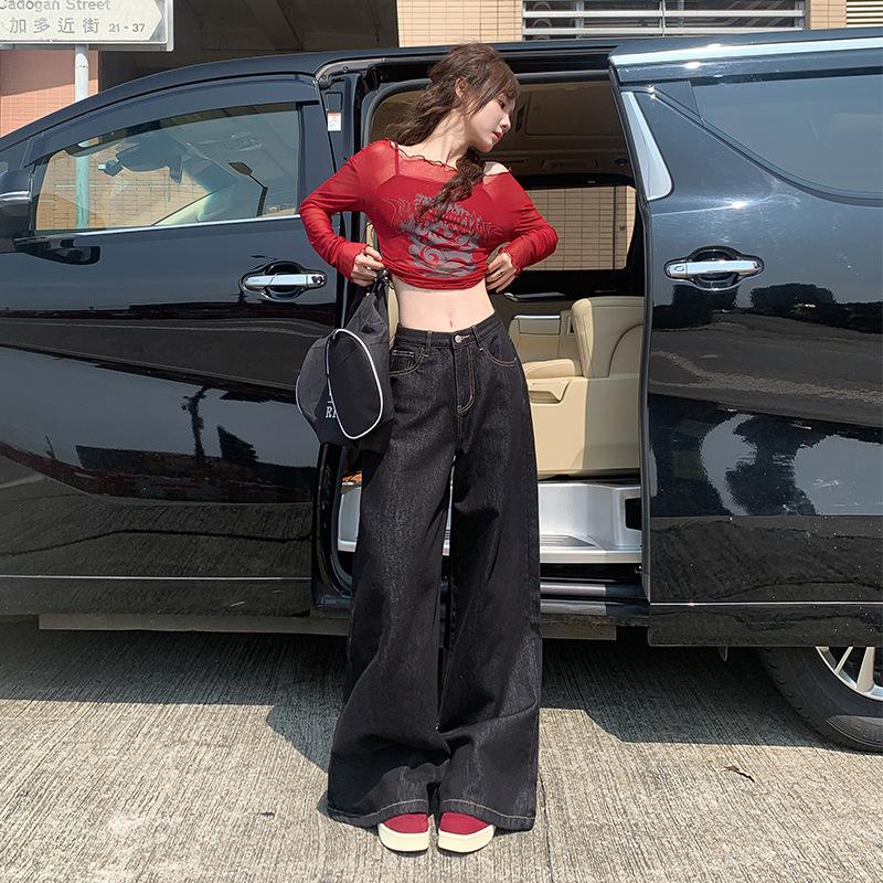 Black wide-leg jeans women's autumn and winter new straight loose high waist lazy and thin floor long pants