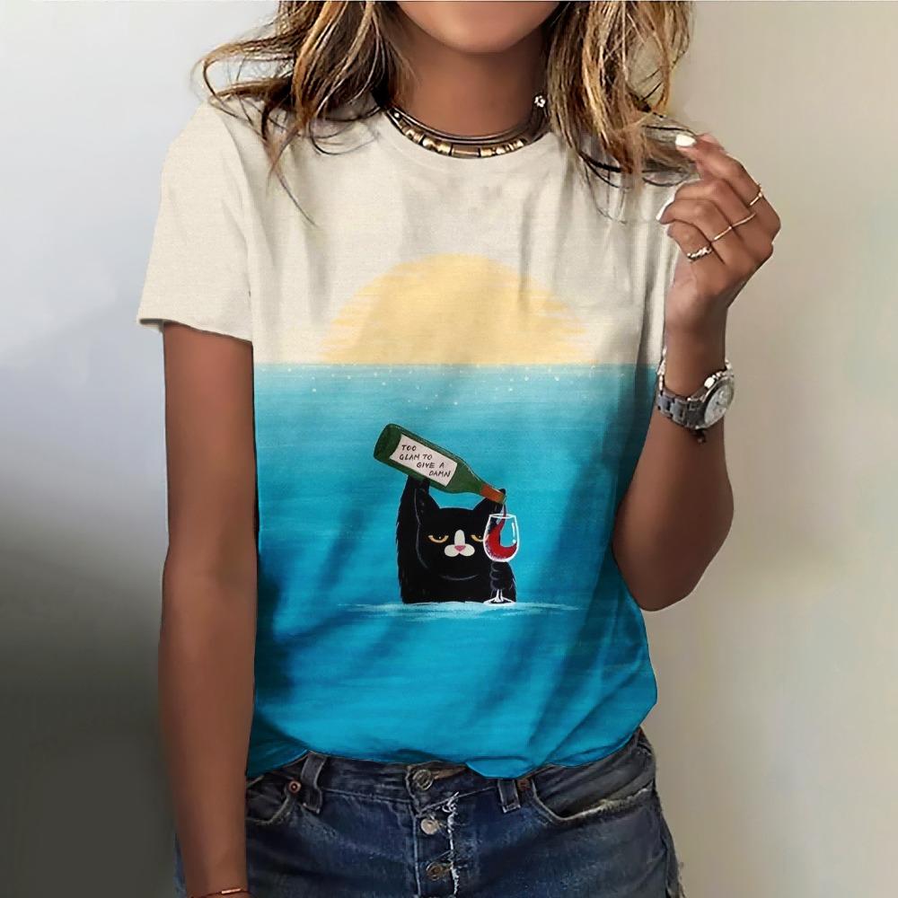 Schönes Katzenmotiv Damen O-Ausschnitt Locker Kurzarm T-Shirts Kawaii Stil Pullover