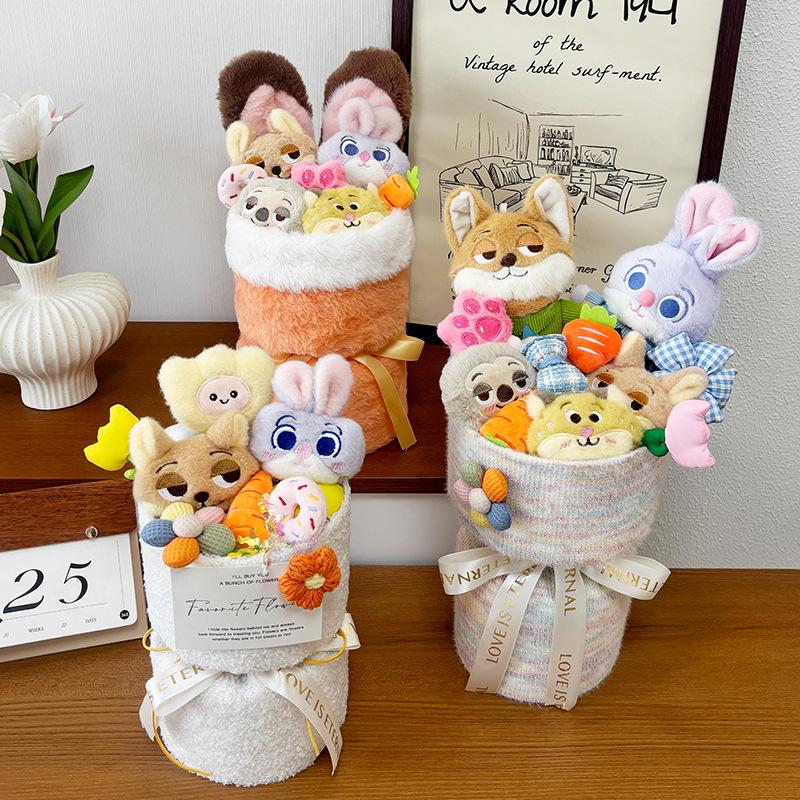 Hot Zootopia 2 Plush Flower Bouquet - Nick & Judy Stuffed Animal Doll Arrangement, Cartoon Character Gift Set, Detachable