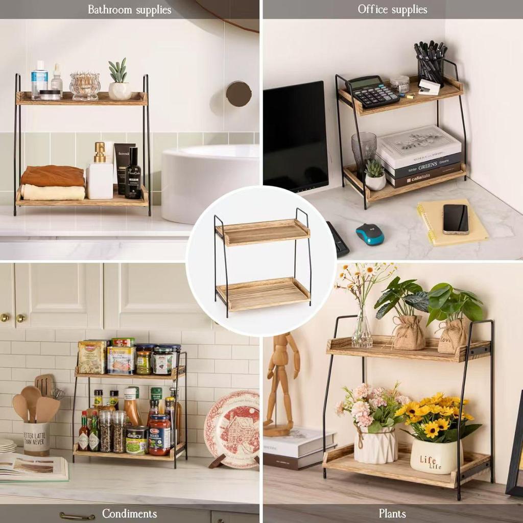 Wood and Iron Double-Layer Desktop Organizer and Spice Rack