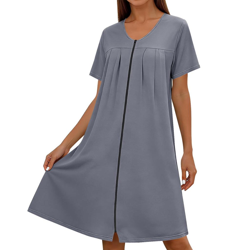 Women Short Sleeve Round Neck Zip Front Loose Fit Nightdress with Pockets Casual Home Lounge Dress Comfortable Design