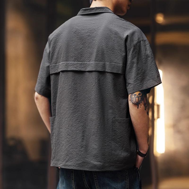 Men's Quarter Zip Textured Polo Shirt Casual Pocket Detail Loose Fit Streetwear Top