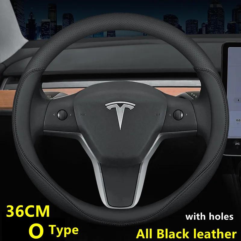 Nappa Leather Car Steering Wheel Cover For Tesla Model 3 Y S X 2019 - 2025 4 Seasons 36-38 CM Black Auto Interior Accessories