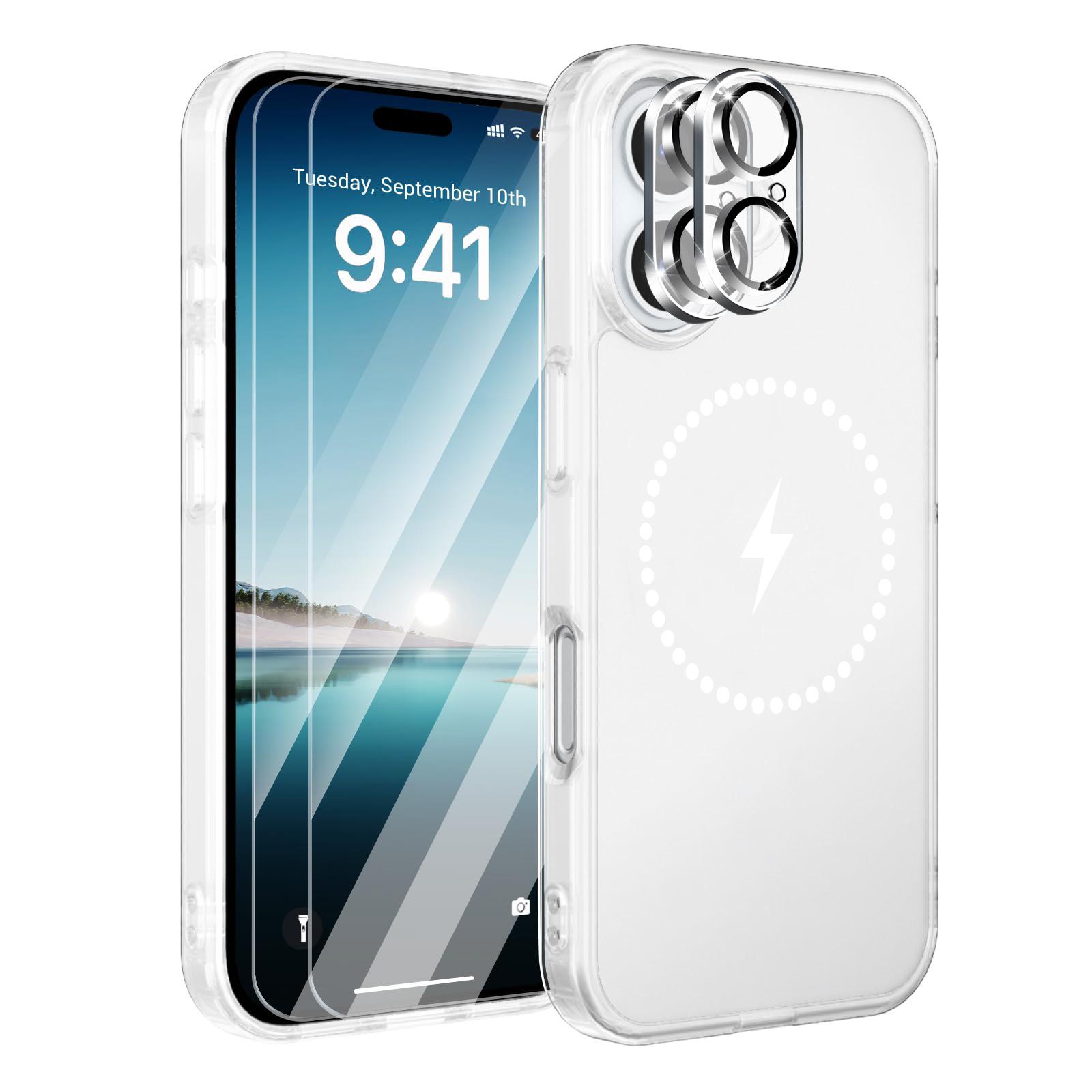 5 in 1 Magnetic Clear Phone Case with 2 Tempered Glass Screen Protector+ 2 Camera Lens Protector for iPhone 16 17 Pro Max For iPhone12&Case & Screen Protector&Retailing Box чистый