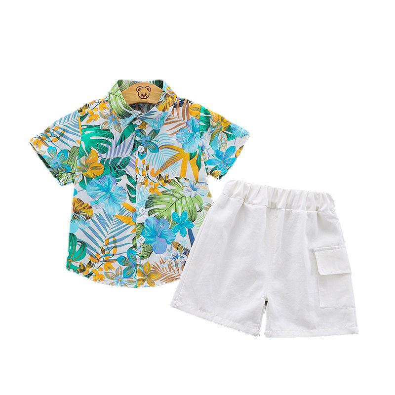 Boys' Island Style Short Sleeve Summer Clothes Set – Breathable Turn-Down Collar Shirt & Infant Two-Piece Outfit