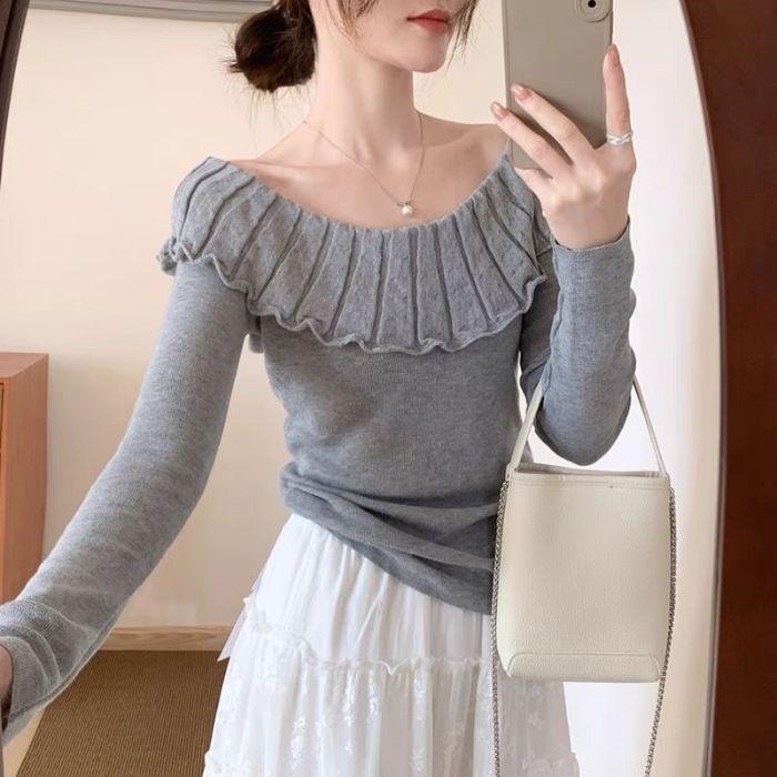

Женственный топ с открытым плечом, прилегающего силуэта, для осени и зимы, милый вязаный свитер с детским воротничком и оборками по краям One Size серый