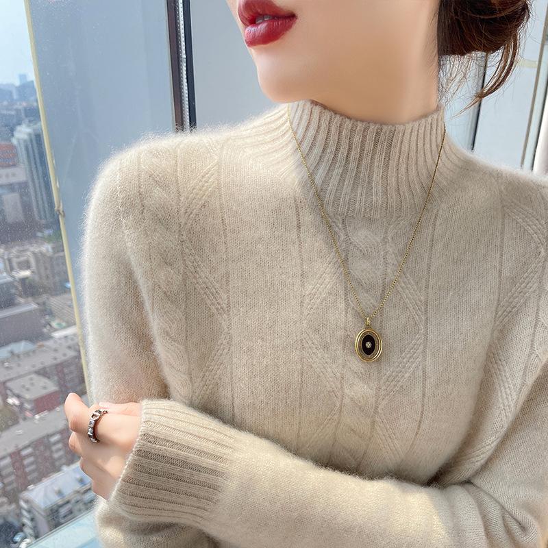 Damski wełniany sweter z golfem o splocie diamentowym - Wyszczuplający, wszechstronny pulower jesienno-zimowy