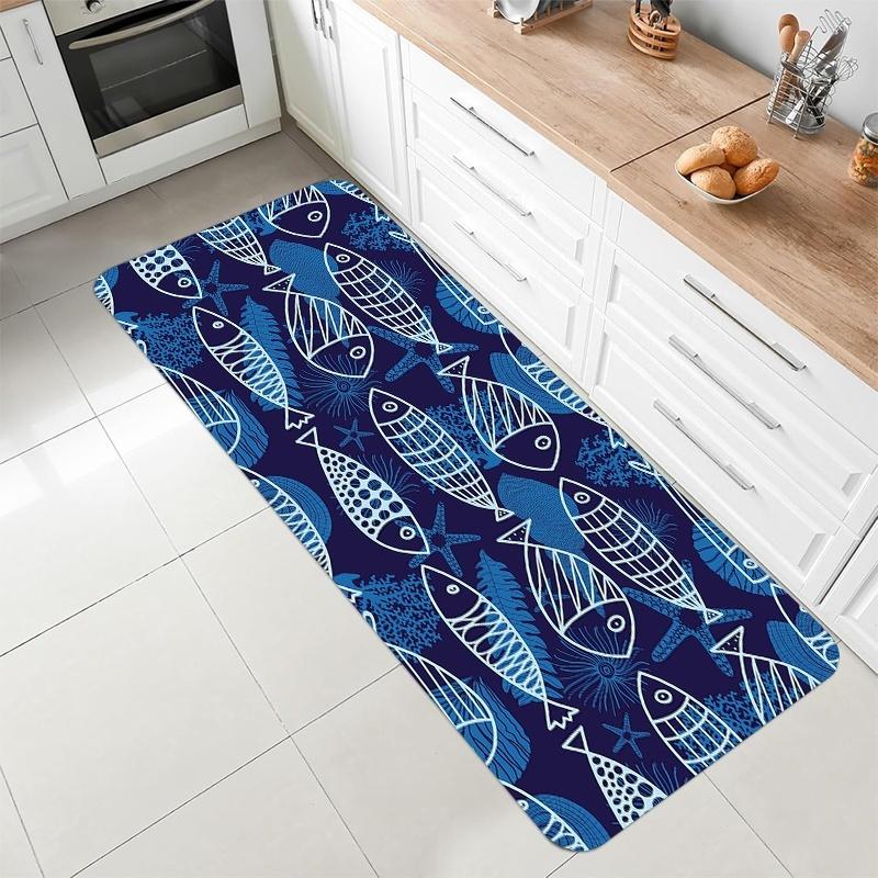 Colorful Folk Art Fish Print Long Runner Rug Anti Slip Floor Mat Boho Coastal Style Entrance Hallway Kitchen Corridor Home Decor