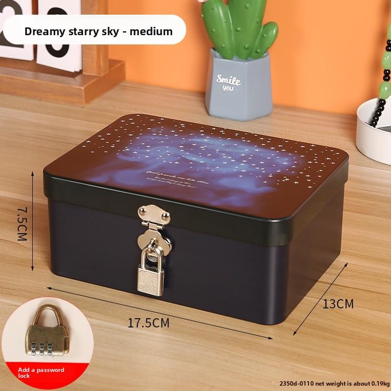 Retro Tinplate Box with Lock Key, Desktop Storage Box, Cosmetics, ID Storage, Household Jewelry Empty Box.