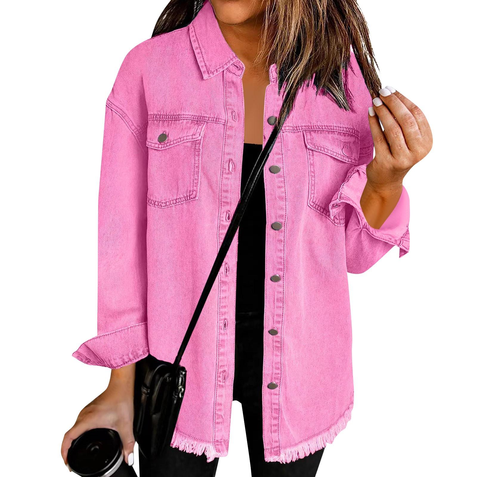 Damenmode Jeanshemdjacke gefräster Saum Knopf lässige Langarmjacke M heißes rosa